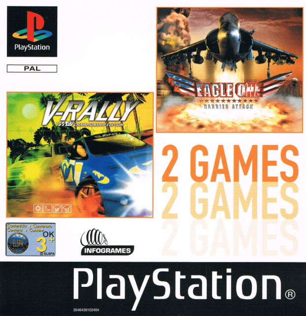 2 Games: V-Rally & Eagle One Harrier Attack box art for Playstation